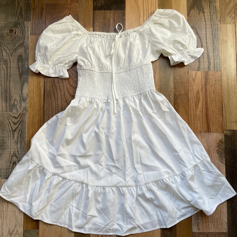 Womens White Smocked Puff Sleeve Dress Size S Cottagecore Mini Dress